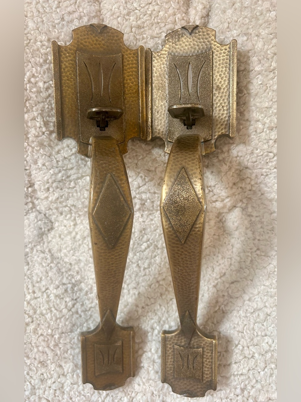 Vintage Spanish Revival Hammered Brass Door Handles Pair 12"